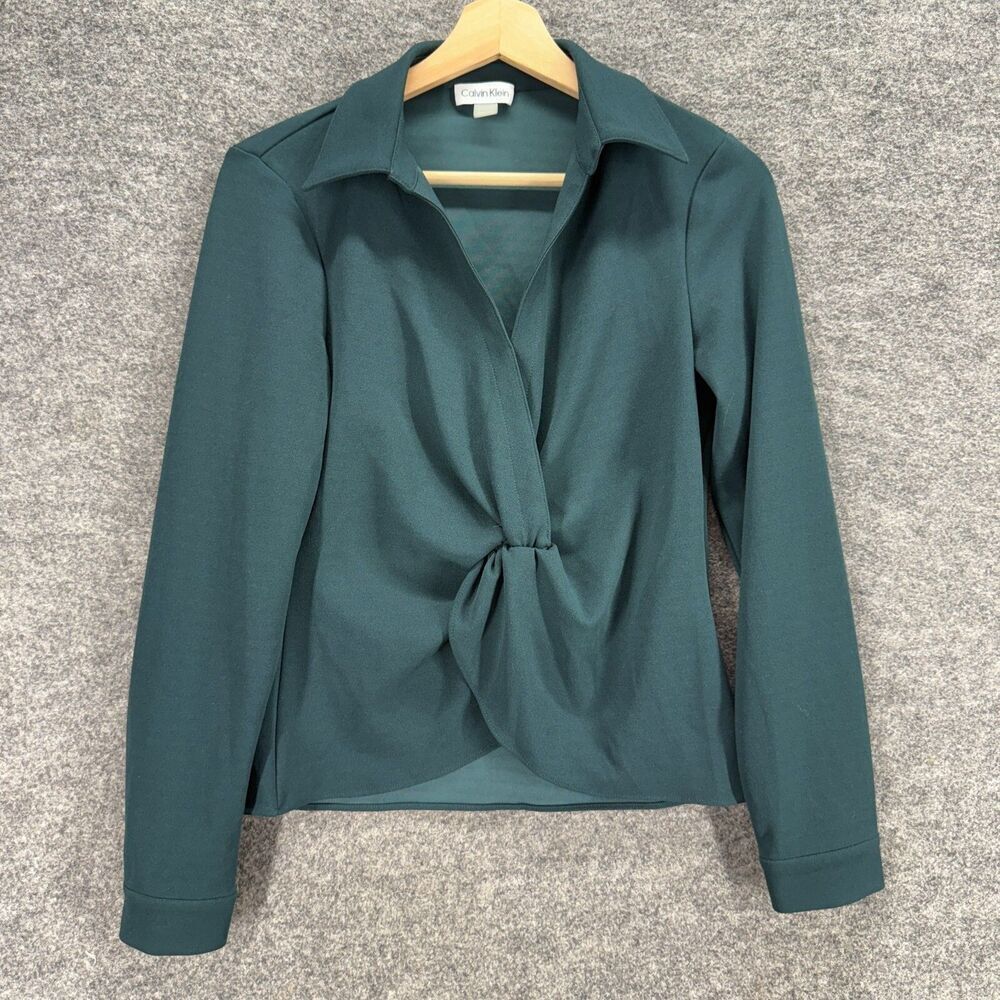 Calvin Klein Blouse Women PS Petite Blue Collared Long Sleeve Pullover Casual